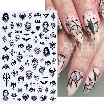 7/8pcs 3D Gothic Black Halloween Nail Stickers Cool Design Alphabet Letter Lace Castle Skull Y2K Manicure Decoration Accessories