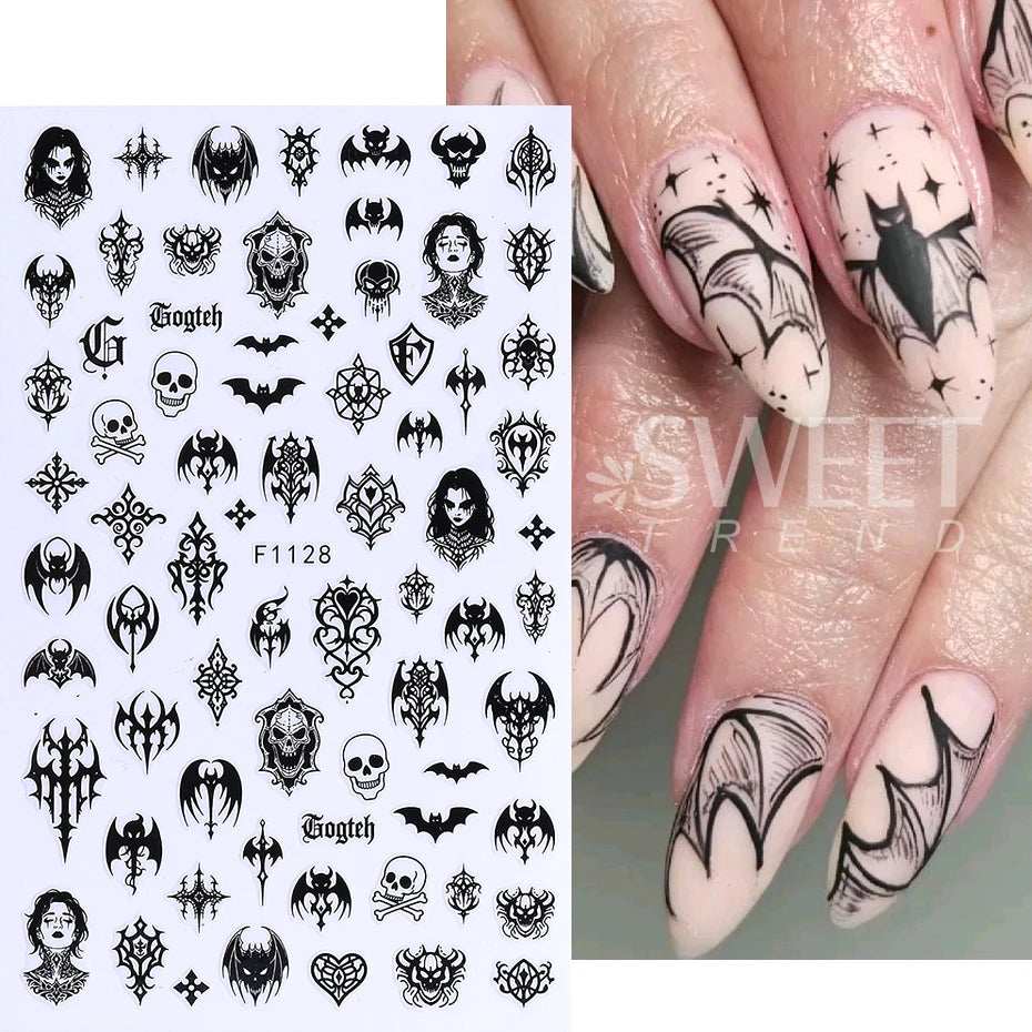 7/8pcs 3D Gothic Black Halloween Nail Stickers Cool Design Alphabet Letter Lace Castle Skull Y2K Manicure Decoration Accessories