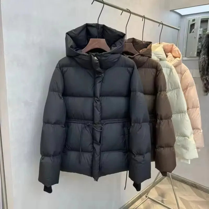 Fashion Cotton-Padded Jacket Women Autumn WinterNew Down Coat Female Parkas Hooded Drawstring Waist Thick Warm Overwear Lady Top