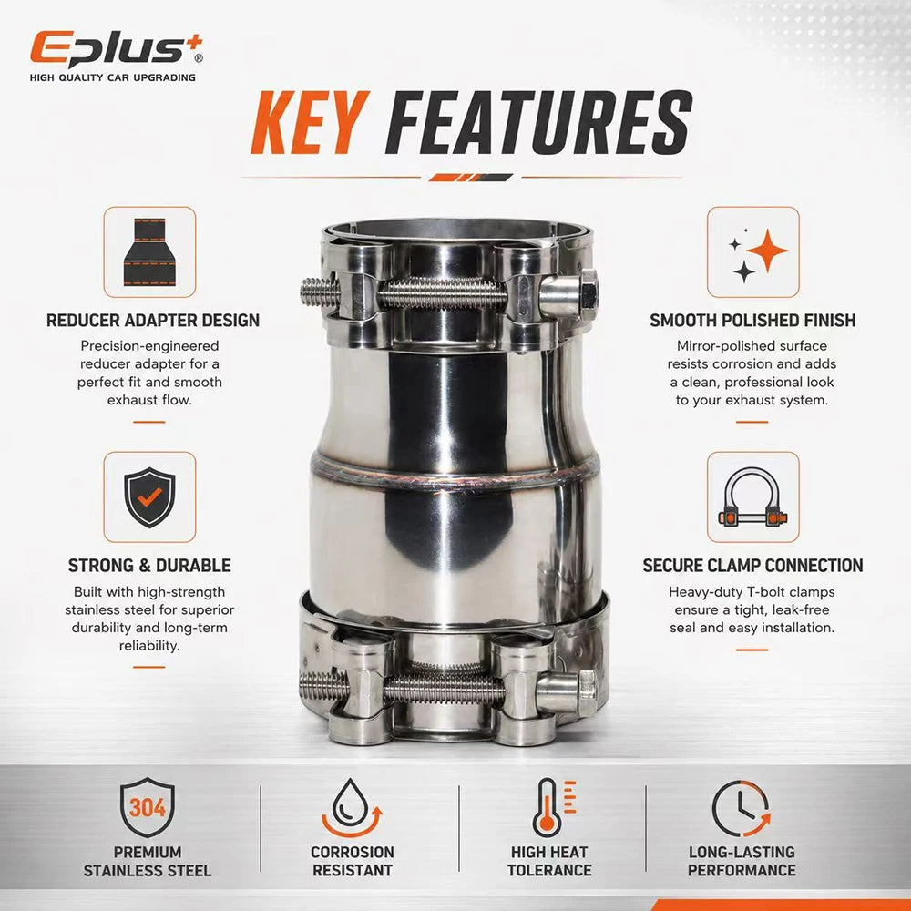 EPLUS Car Motorcycles Stainless Steel Exhaust Pipe Straight Reducer Adapter Pipeline Universal No-Weld Installation Connector