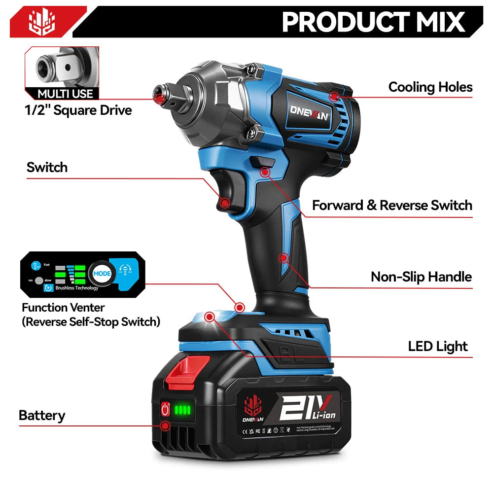 ONEVAN 1200N.M Torque Brushless 4 Gears Electric Impact Wrench 1/2 inch Cordless Screwdriver Tool for Makita 18V Battery Pin