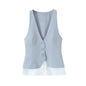Women's Fashion Striped Patchwork Vest Sleeveless V-Neck Waistcoat Chic Outerwear Front Button Chic Vest Tops
