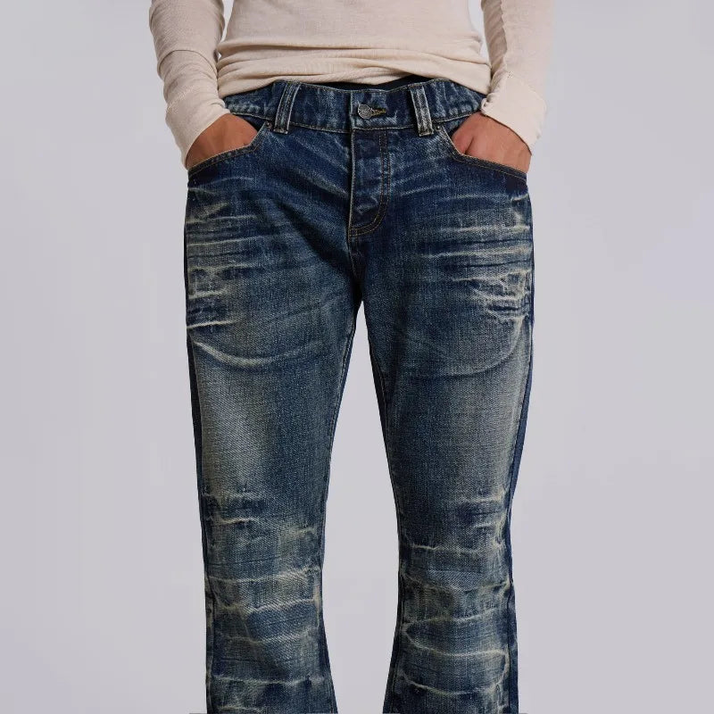 Y2K Vintage Flared Jeans Mid Blue Washed Men Women Bootcut Jeans American Hip Hop Distressed Streetwear Unisex Wide Leg Pants