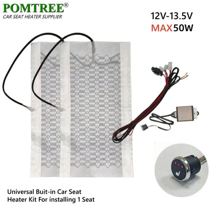 12V 50W Universal Built-in Car Seat Heater Kit Fit 1 Seat,2pcs Carbon Fiber heating Pads Single Control Switch with Harness