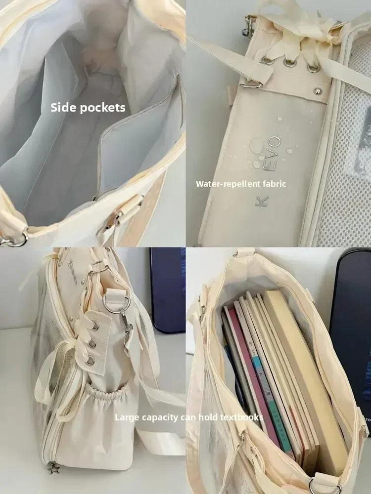 College Style Crossbody Bag with Ribbon Large Capacity for Class Book Carrying Mailman Bag Girls Bow JK Shoulder Ita Bag Handbag
