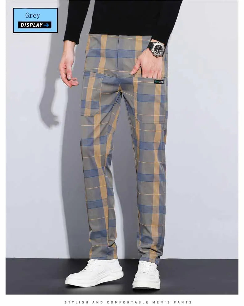 Autumn Winter Luxury Plaid Check Pattern Casual Pants Men Thick Business Elastic Waist Slim Fit Korean Pocket Long Trousers Male