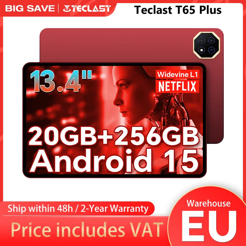 Teclast T65 Plus, 13.4" Tablet, 120Hz Maximum Display, Android 15, Max. 20GB RAM+256GB ROM, Helio G99, 8 cores, 1920x1200, 4G networks and calls, dual SIM card slots, 5G WiFi, GPS, 13MP+8MP