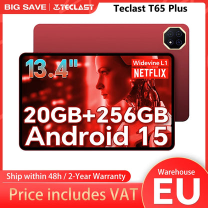 Teclast T65 Plus, 13.4" Tablet, 120Hz Maximum Display, Android 15, Max. 20GB RAM+256GB ROM, Helio G99, 8 cores, 1920x1200, 4G networks and calls, dual SIM card slots, 5G WiFi, GPS, 13MP+8MP
