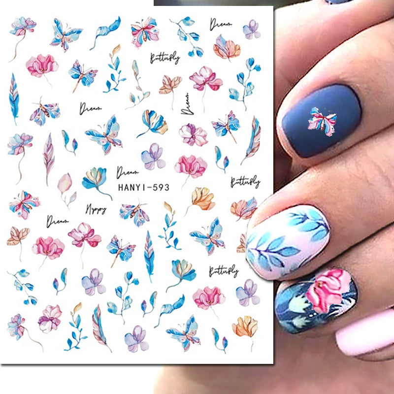 3d Nail Art Decals Elegant White RoyalBlue Roses Flowers Adhesive Sliders Nail Stickers Decoration For Nail Manicure