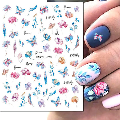 3d Nail Art Decals Elegant White RoyalBlue Roses Flowers Adhesive Sliders Nail Stickers Decoration For Nail Manicure
