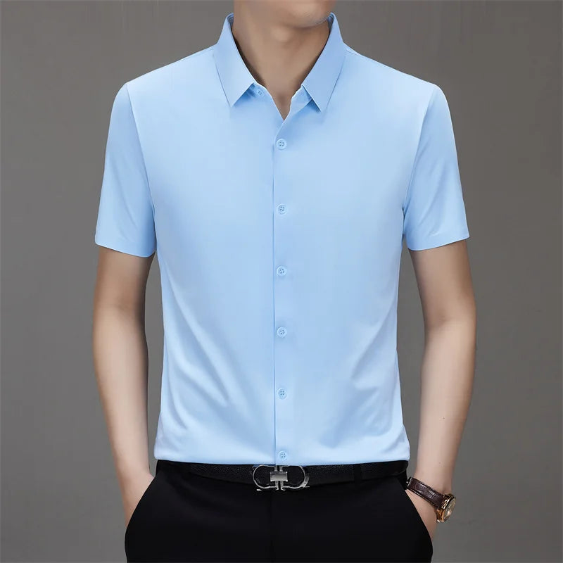 Men's Business Casual Solid Color Short Sleeve Shirt Summer Fashion No Ironing Comfortable Versatile Top for Men