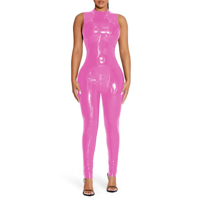 PVC Sleeveless Jumpsuit for Ladies, Wet Look, Shiny Patent Leather, O-Neck Bodycon, Tank Catsuit, Stretch Slim Rompers, Sexy