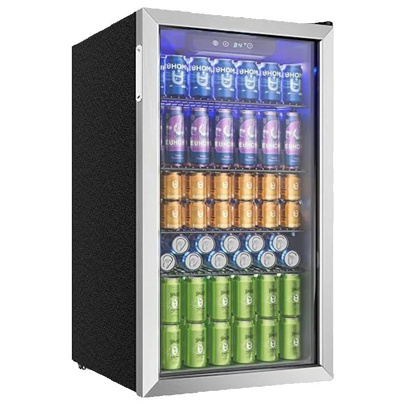 Drinks refrigerator with Glass Door for 126 Cans Adjustable Shelves Beer/Wine Home/Bar/office Black stainless steel