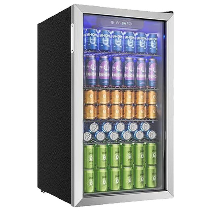 Drinks refrigerator with Glass Door for 126 Cans Adjustable Shelves Beer/Wine Home/Bar/office Black stainless steel