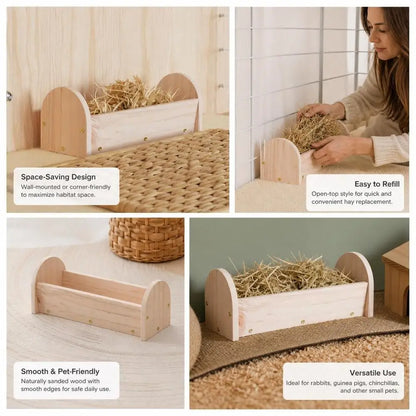 Solid Wood Hay Feeder For Rabbits Guinea Pigs Chinchillas, Natural Pine Grass Rack Prevents Contamination, Small Pet Food Dispenser Cage Accessory, 28x10x10 Cm
