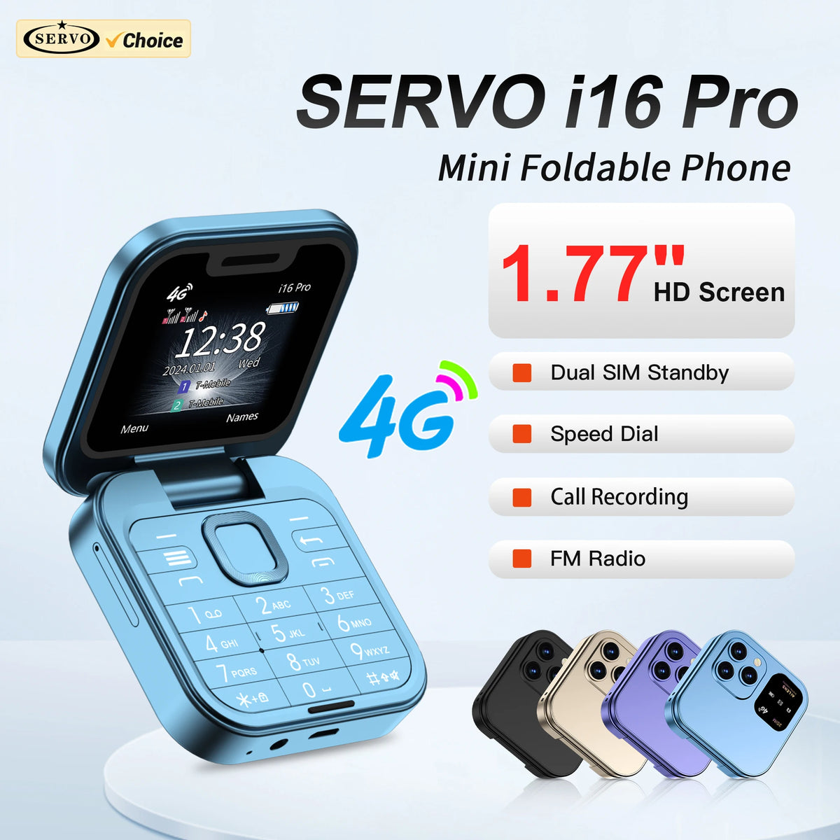 SERVO I16 PRO 4G LTE Mini Flip Mobile Phone Dual SIM Standby Call Recording Speed Dial FM Radio 1.77' Screen Foldable Cellphones
