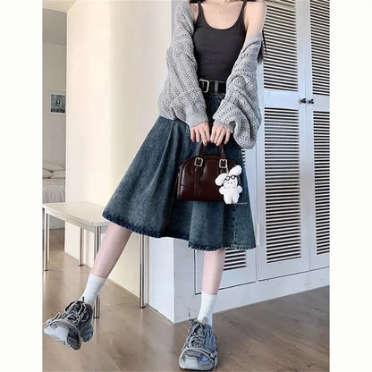 Summer Trendy Designer Lady High Waist Jeans Pleated Skirt Women Fashion Vintage Denim Skirts Girls Korean Casual Midi Skirts