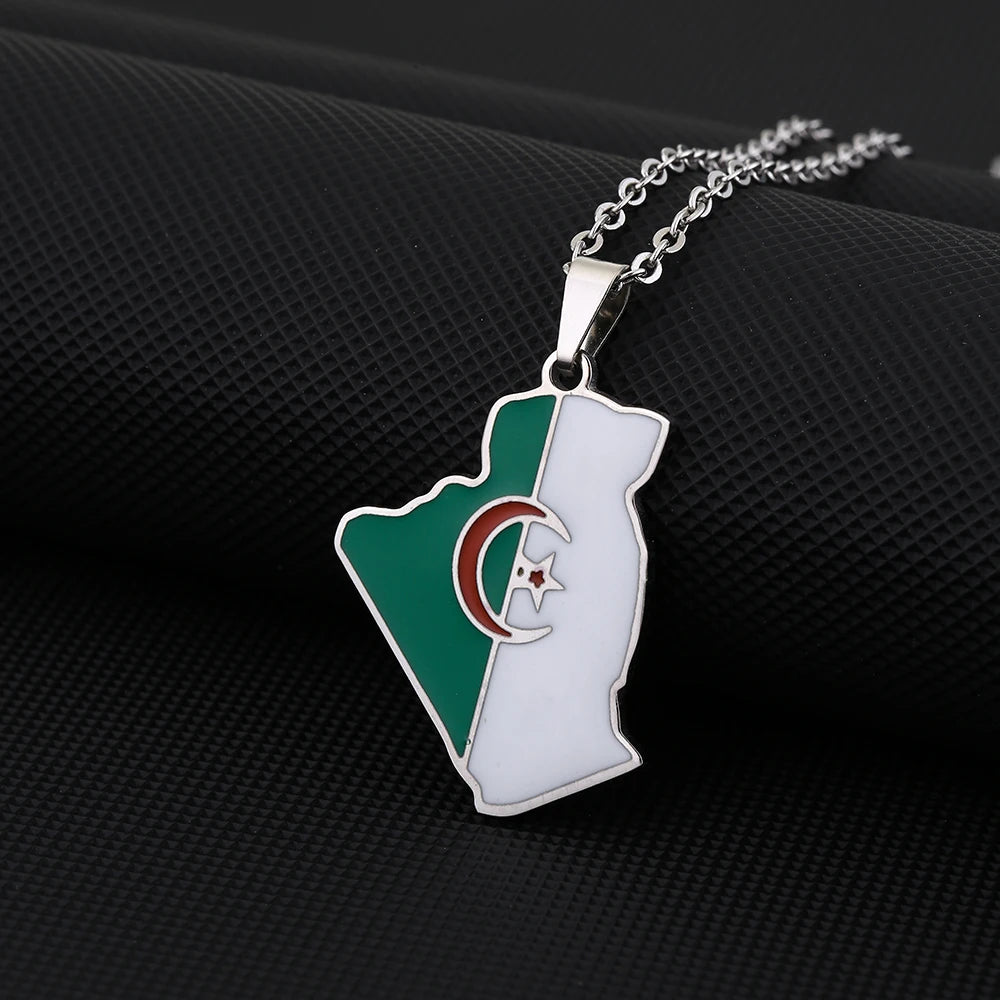 Africa Algeria Map Flag Pendant Necklace Stainless Steel Gold Steel Color Algérie Men Women Country Map Jewelry Patriotic Gift