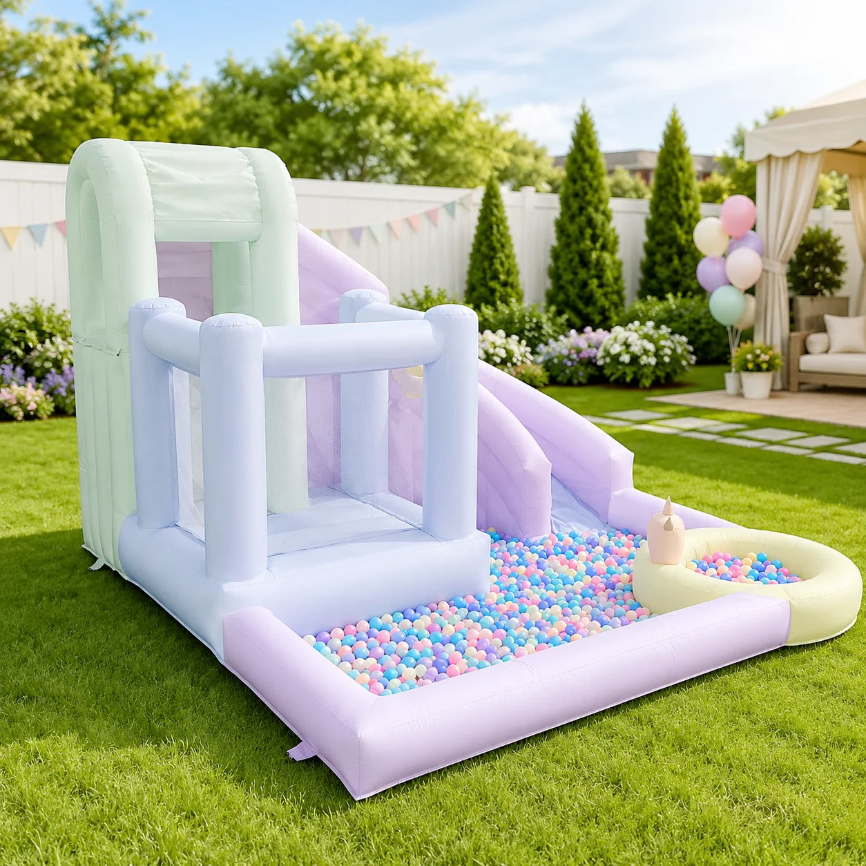 Pastel Macaron Inflatable Bouncer with Water Slide and Ball Pit PVC Wet Dry Bouncy Castle with Basketball Hoop for Kids Party