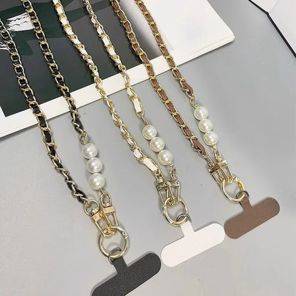 Pearl Leather Chain Mobile Phone Strap Long Crossbody Anti-Loss Shoulder Cord with Metal Pendant for Women