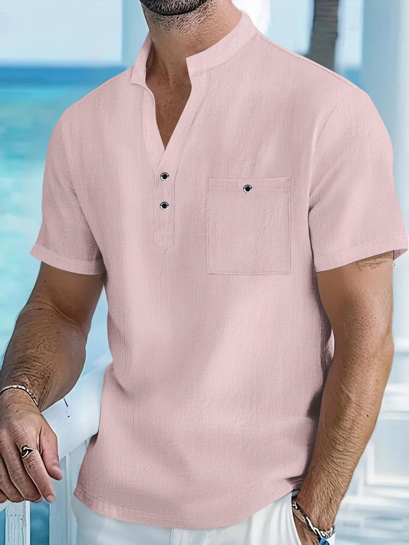 Summer Men's Cotton and Linen Shirt Casual Short Sleeved Stand Up Collar Top Breathable Loose Men's Fashionable Streetwear