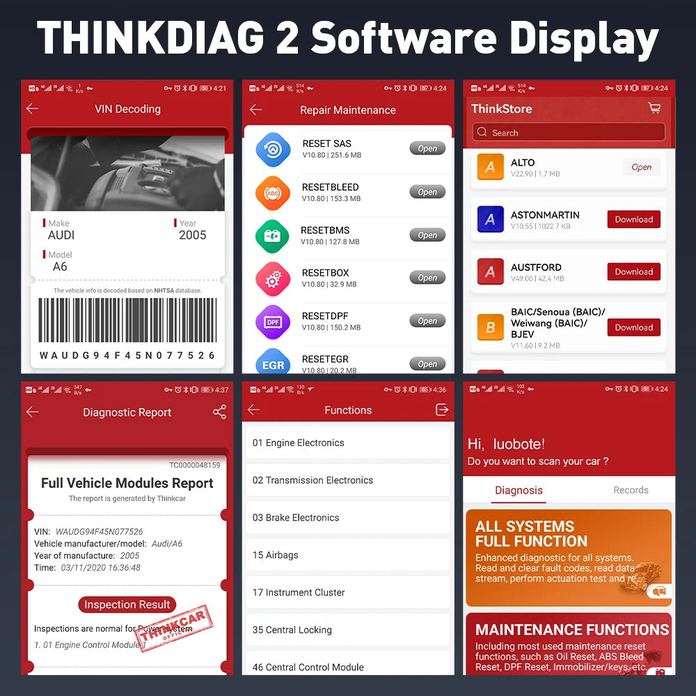 THINKCAR Thinkdiag 2 OBD2 scanner with CANFD support, all systems diagnostics tools with 15 reset functions, two-way scanning, ECU coding.