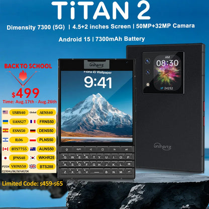 Unihertz Titan 2 Smartphone 5G Android 15 with Physical Keyboard Dual Screen 12GB 512GB  Dimensity 7300 Dual SIM 50MP Camera