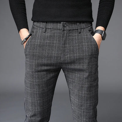 2026 Black Pants Men Plaid Trousers, Spring / Autumn New Fashion Slim Pants Men Gray Stripe Slacks 28-38 Pantalones Hombre
