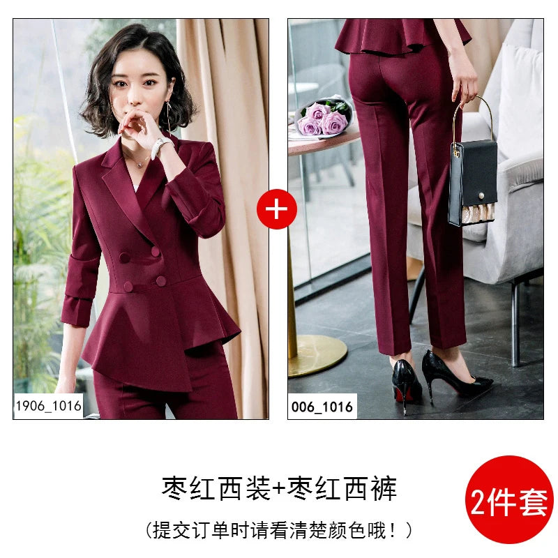 Fashion Red Pant Suits For Women Business Work Wear Formal Outfits Office Lady Blazer Set Elegant 2 Pieces Sets Female 2024 New