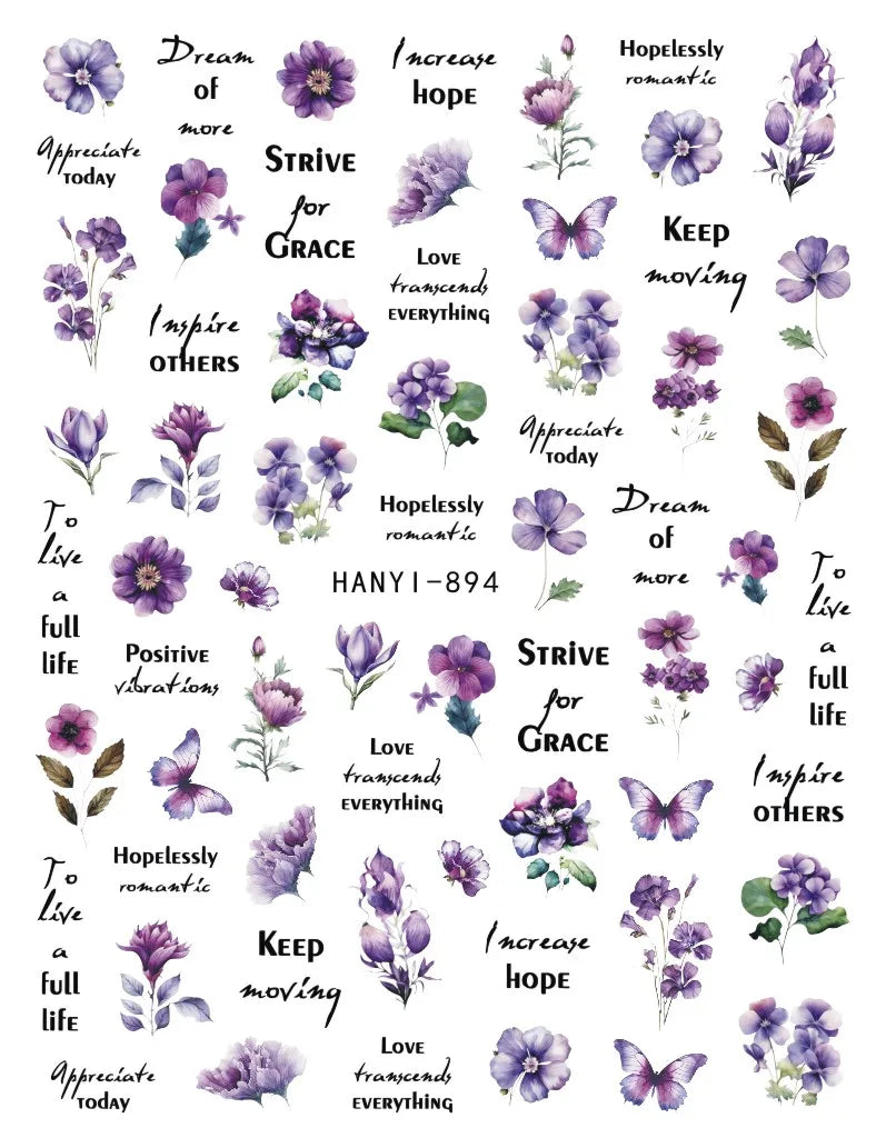 3d Nail Art Decals Spring Booming Violets Lavenders Purple Blue Pink Flowers Butterflys Stickers Decoration For Nail Tips Beauty