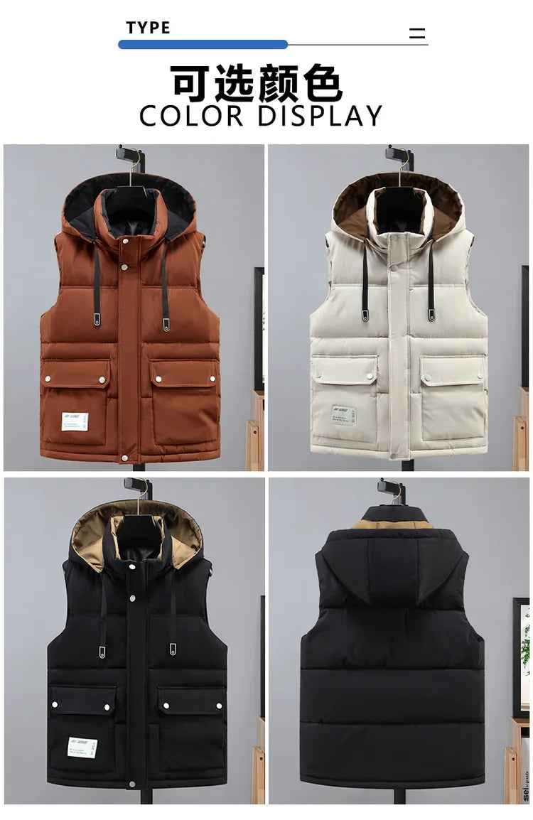 2024 Autumn Winter Men Thicken Cotton Waistcoat Sleeveless Vests Jackets Warm Detachable Hat Outerwear Male Zipper Hooded Coats