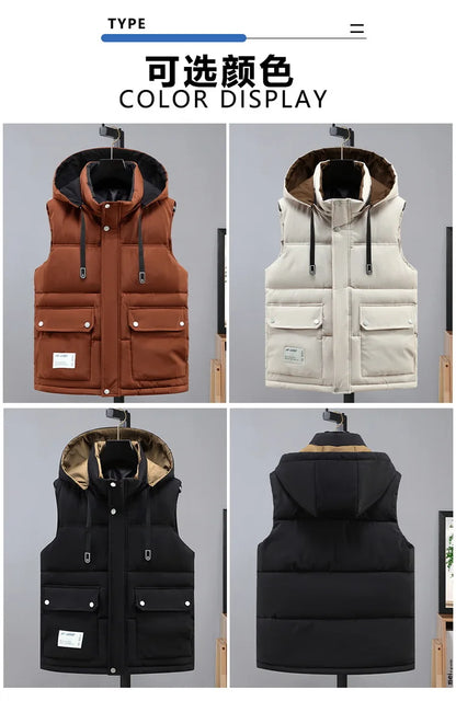 2024 Autumn Winter Men Thicken Cotton Waistcoat Sleeveless Vests Jackets Warm Detachable Hat Outerwear Male Zipper Hooded Coats