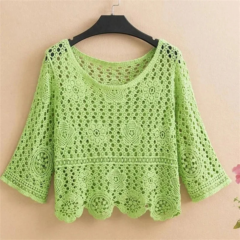 Women's Summer Short Jacket 2025 New Pullover Round Neck Knit Female Sweater Top Loose Fashion Hollowing Out Ladies Lace Tops