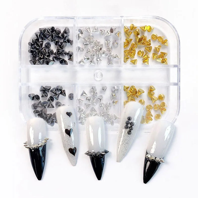 6Grids 3D Mini Punk Metal Rivet Nail Art Charms 1.5/2/3mm Gold Silver Cone Spike Studs Nails Jewels DIY Manicure Decorations ZB