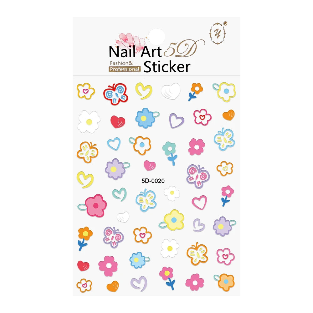 1PC 5D Macaron Flower/Fruit Nail Charms Sticker Embossed Bear/Rabbit/Letter Nails Slider Decals Summer Adhesive Manicure Decor&Y