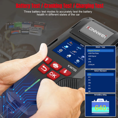 KONNWEI KW700 12/24V Car Truck Battery Tester 10-2000CCA With Printer Cranking Charging Test Tool Battery Analyzer Cranking Test