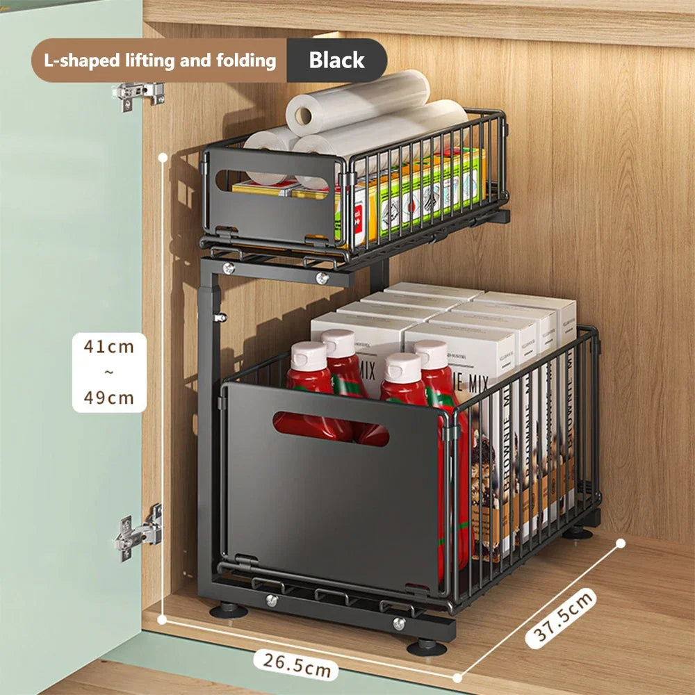 2 Tier Pull Out Cabinet Organizer Adjustable Under Sink Storage Rack Slide Out Drawer Kitchen Spice Jar Storage Shelf