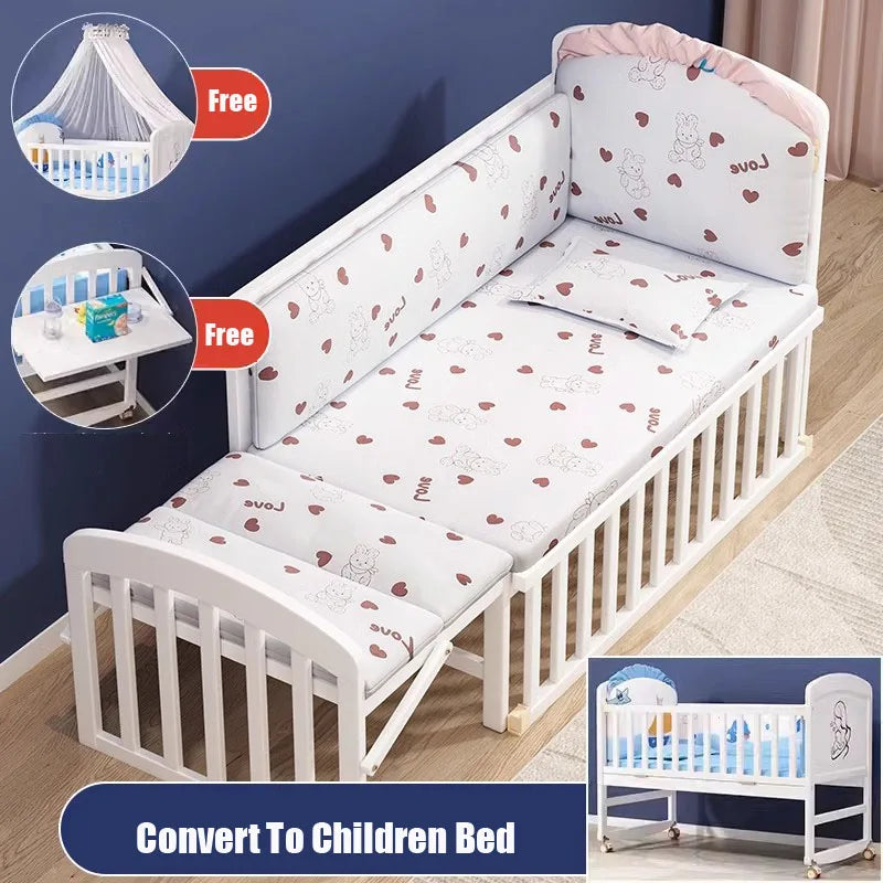 Wood Baby Crib With Mosquito Net And Diaper Table Convert To Kids Bed, Bedding Set, Baby Cot, Bed, Rocker Mattress