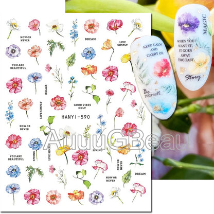 3d Nails Art Decals Spring Fruits Pink Full Tips Peony Magnolia Flowers Adhesive Sliders Stickers Decoration For Nails Manicure