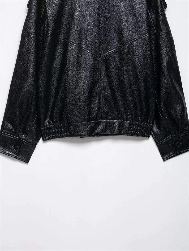 Women's Faux Leather Jacket 2025 New Fashion Autumn Black Long Sleeve Pebble Jacket Motorcycle Style Personality Ladies Jacket