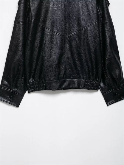 Women's Faux Leather Jacket 2025 New Fashion Autumn Black Long Sleeve Pebble Jacket Motorcycle Style Personality Ladies Jacket