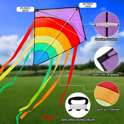 Rainbow Strip Spliced Diamond Rhombus Kite Lightweight Wind Resistant Fabric Easy Launch Stable Flight Foldable Portable Outdoor Flying Toy for Kids & Adults