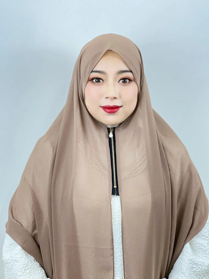 Muslim Hijab Arab Turkish Hijab with Zipper Chiffon Scarf Women's Fashion Plain Hijab Wrap Solid Color Shawl Headscaf 71x180cm