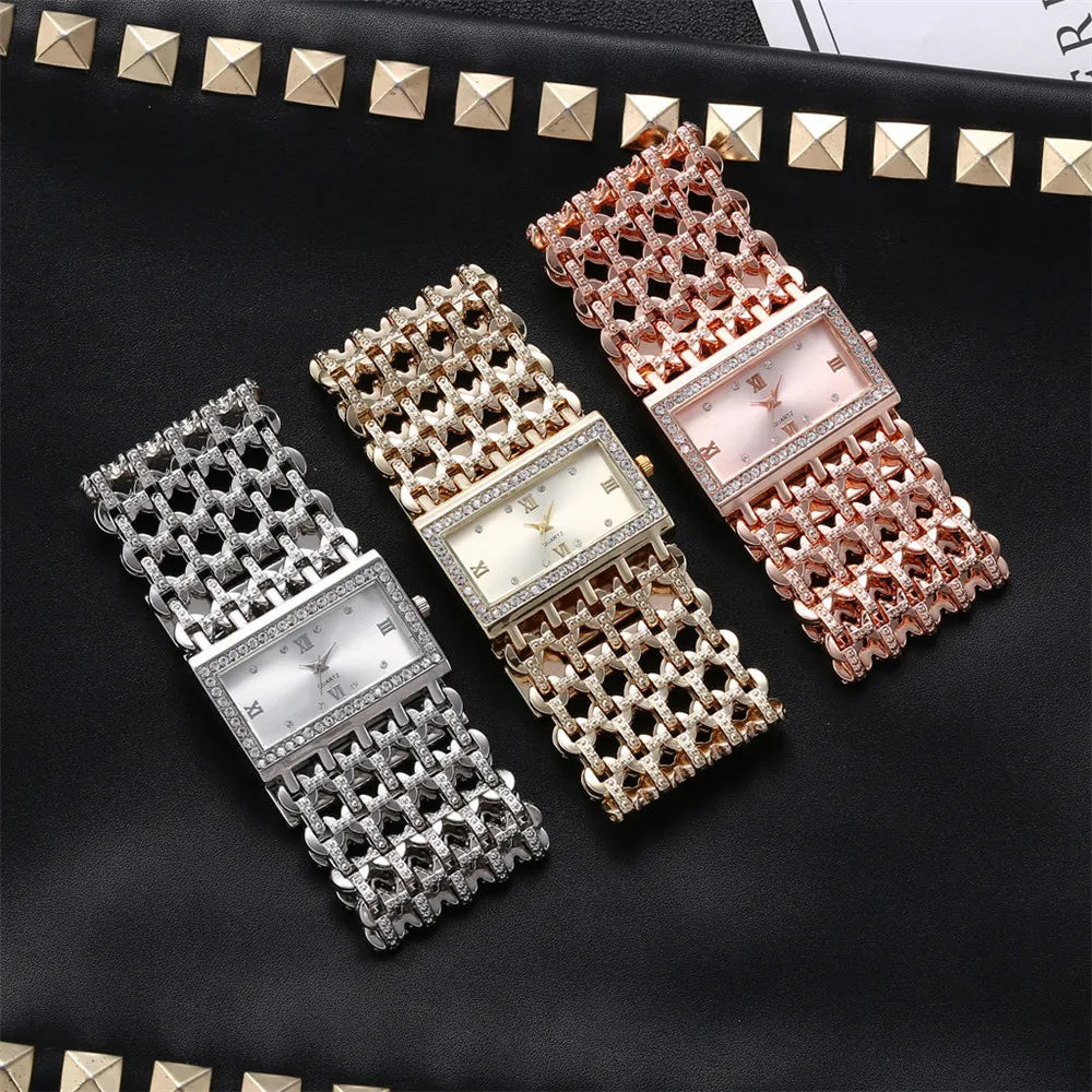 Luxury Noble Gold Ladies Quartz Watch Fashion Women's Skeleton Bracelet full Dress Clock Watches