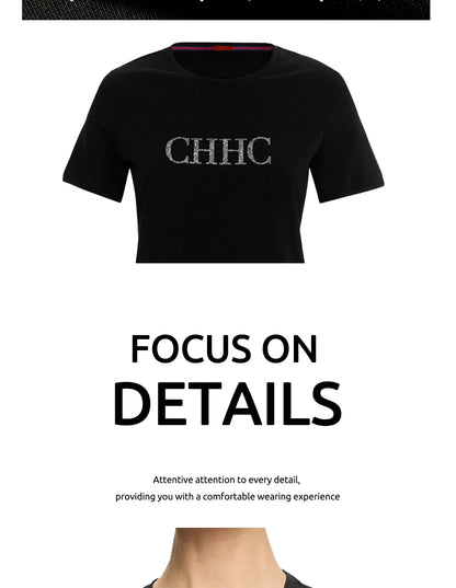 CHCH Summer Women's Elegant T Shirt Casual O-neck Pure Cotton T-Shirt Women Fashion Letter Diamonds Versatile Short Sleeve Tops