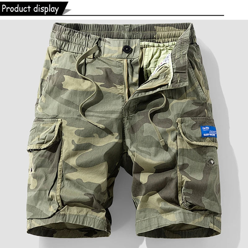 New Men Summer Outdoor Leisure Camouflage Comfortable Shorts Men Elastic Waist Loose Straight High-Quality Design Shorts Male