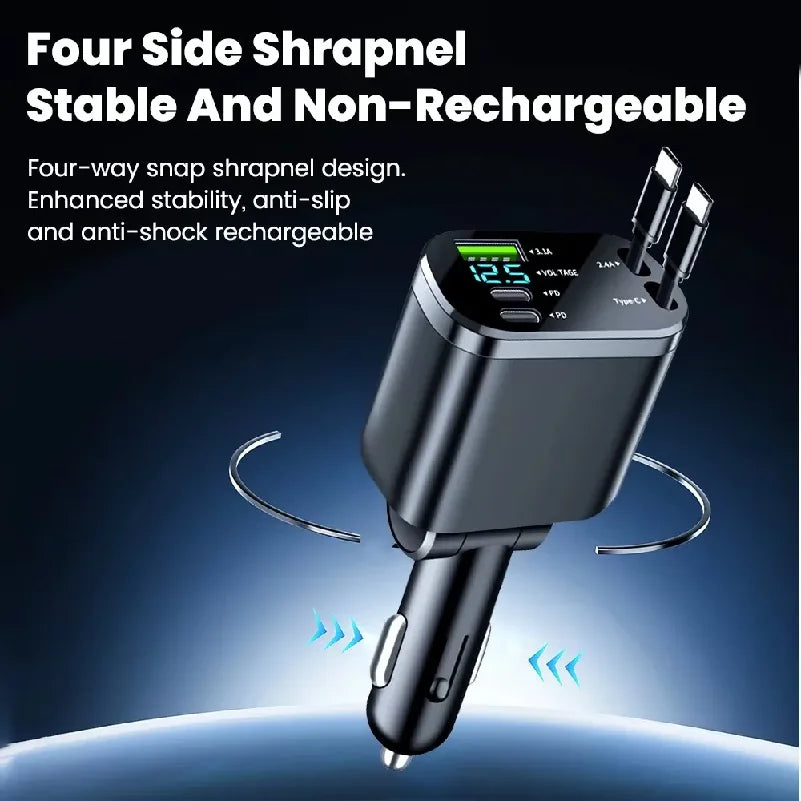 5 in 1 150W Car Charger Voltage Display PD30W Super Fast Charging 22.5W With Retractable Cable For IPhone Xiaomi Samsung