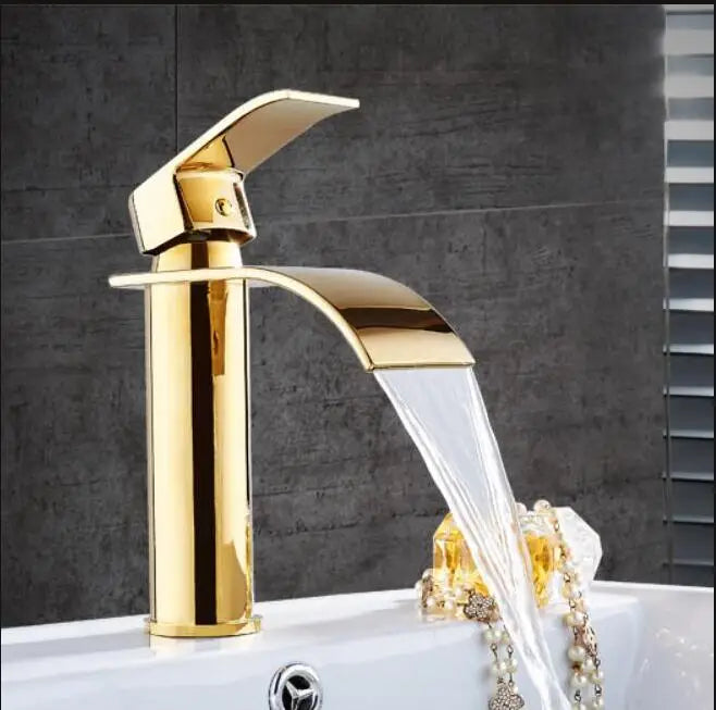 Basin Faucet Gold and White Waterfall Faucet Brass Bathroom Faucet Bathroom Basin Faucet Mixer Tap Hot and Cold Sink Faucet