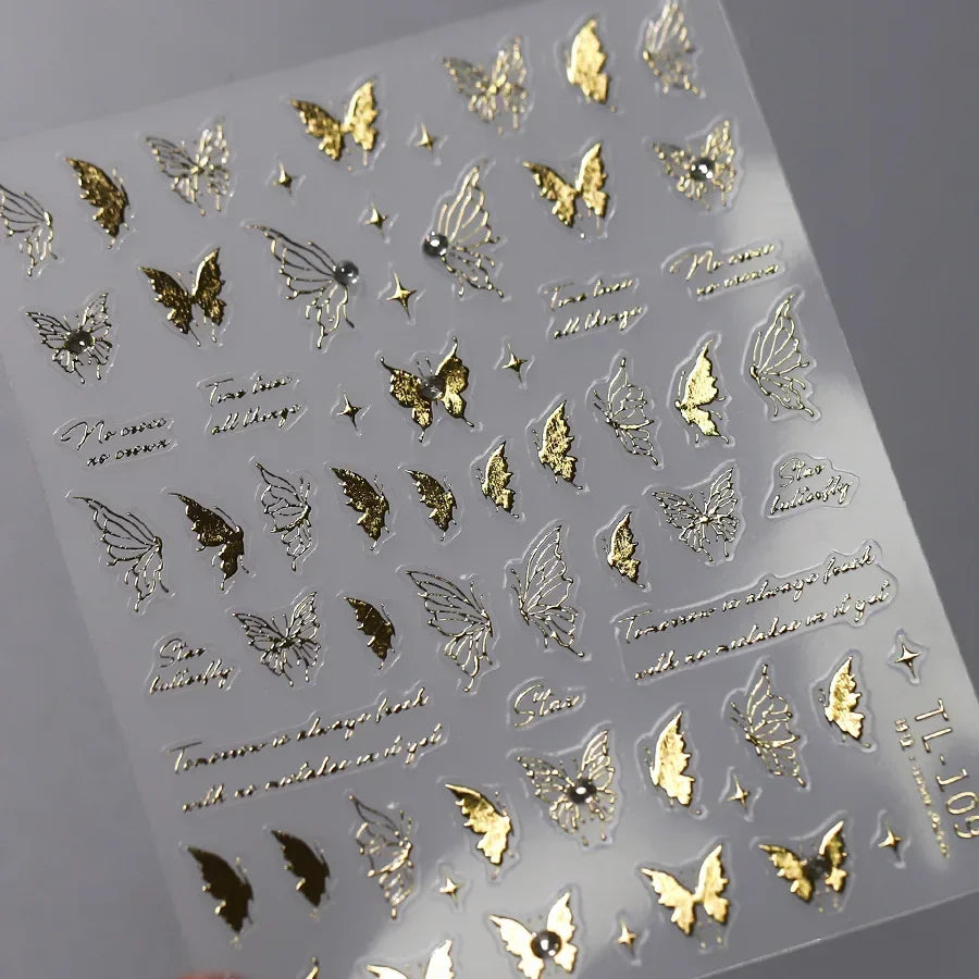 Shiny Jelly Butterfly Charming Golden Gradient Bowknot 5D Self Adhesive Nail Art Sticker Flower Petal Rhinestone Manicure Decals