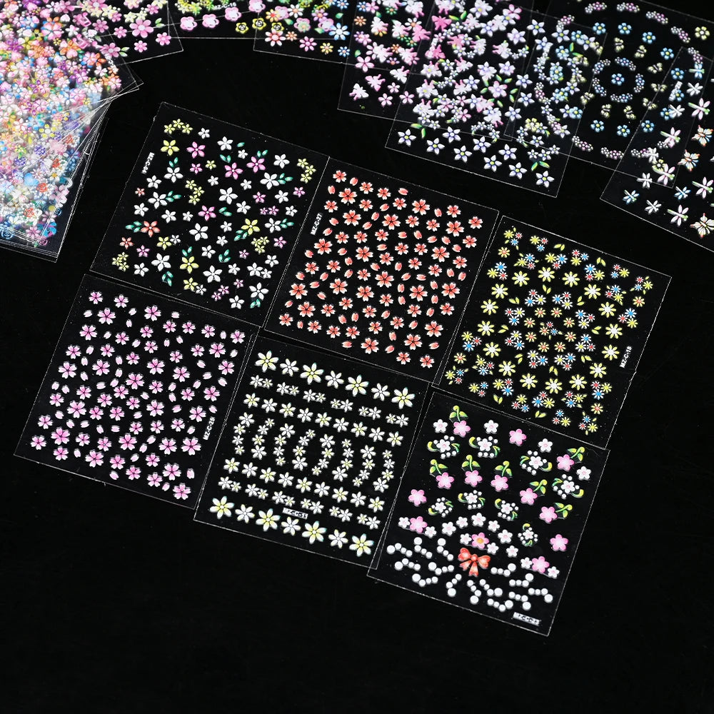 3D Colorful Flowers Cherry Blossoms Rose Daisy Nail Decals 20/30/60/70/90pcs Cute Heart Nail Sticker Manicure Decoration 5.5*6cm